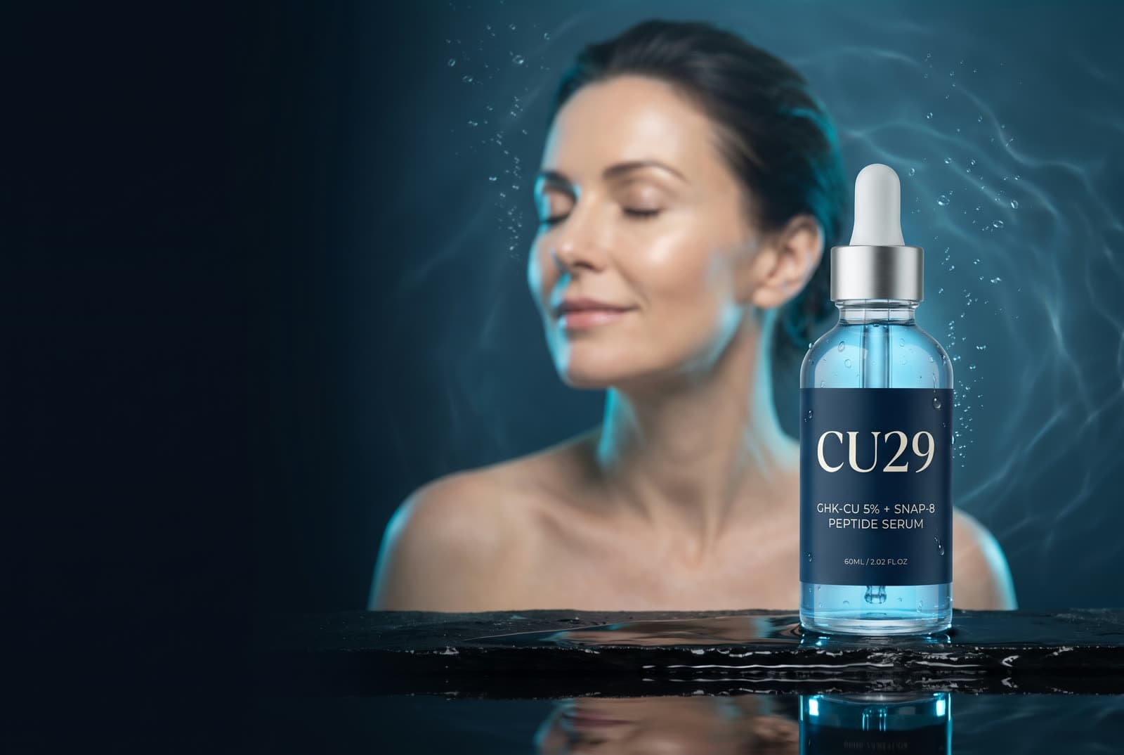CU29 copper peptide serum, held by a woman with luminous skin