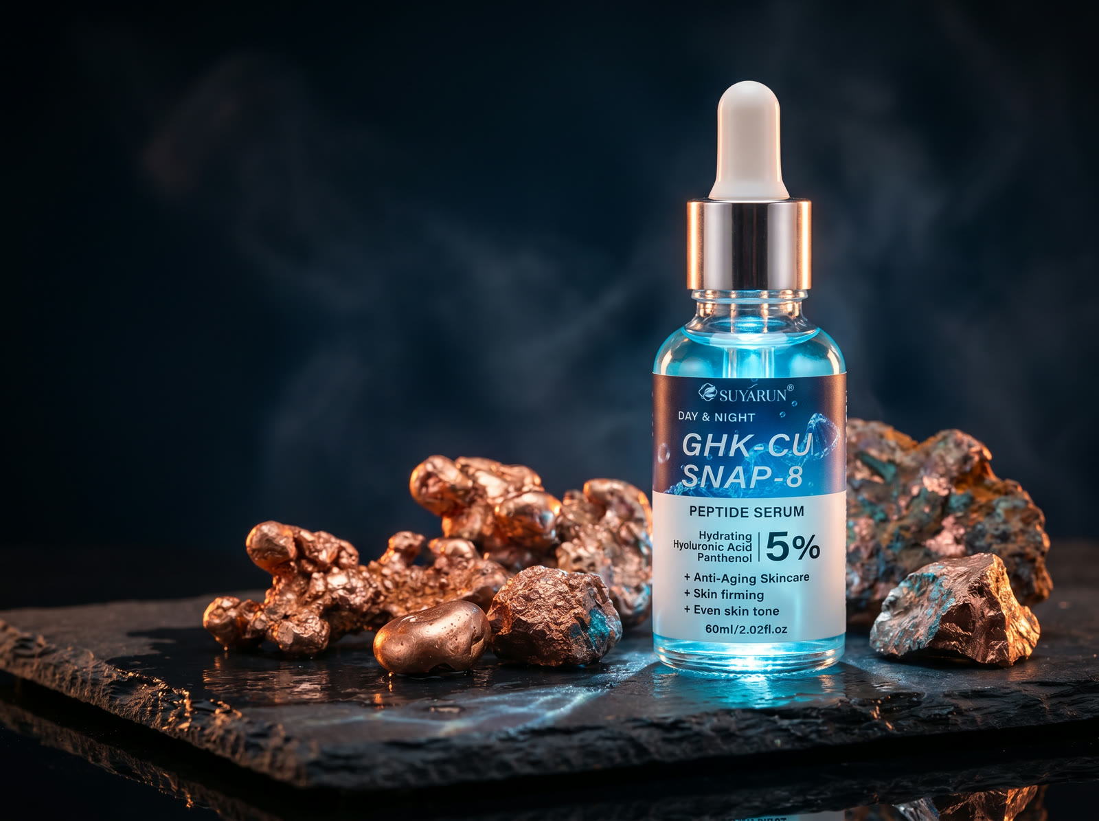 Raw copper beside the SUYARUN serum, from the element to the bottle