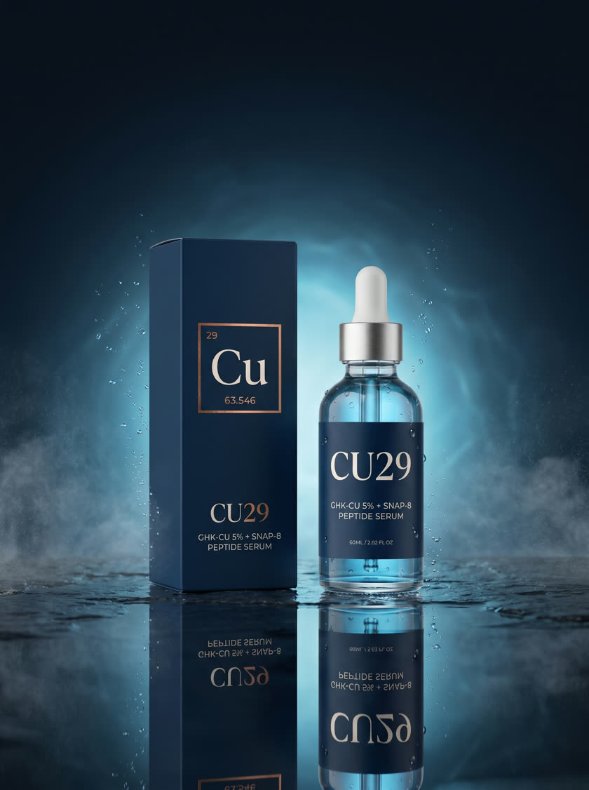 CU29 bottle beside its navy retail box with copper foil logo