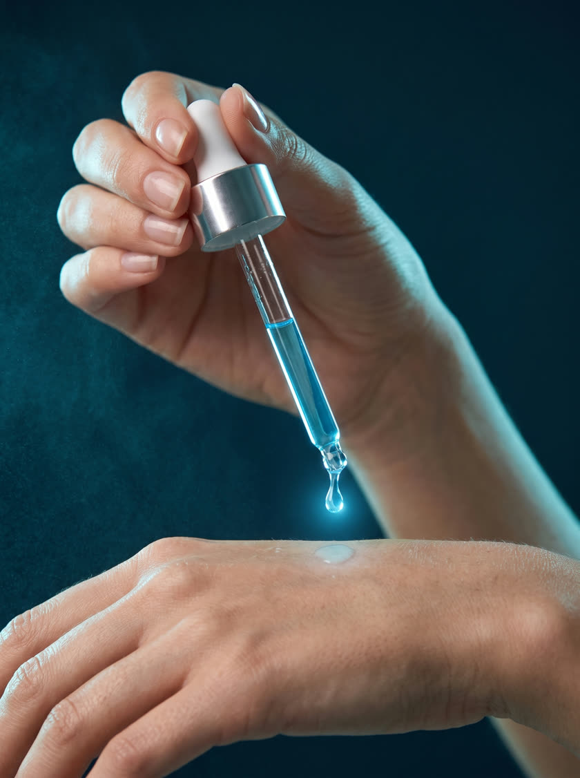 Dropper dispensing a drop of CU29 serum onto the back of a hand