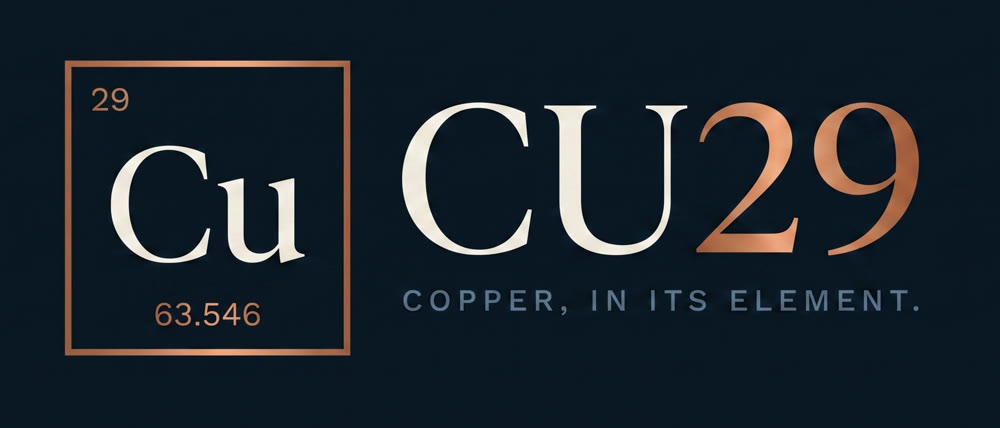 CU29 — copper periodic element tile logo with the tagline Copper, in its element.